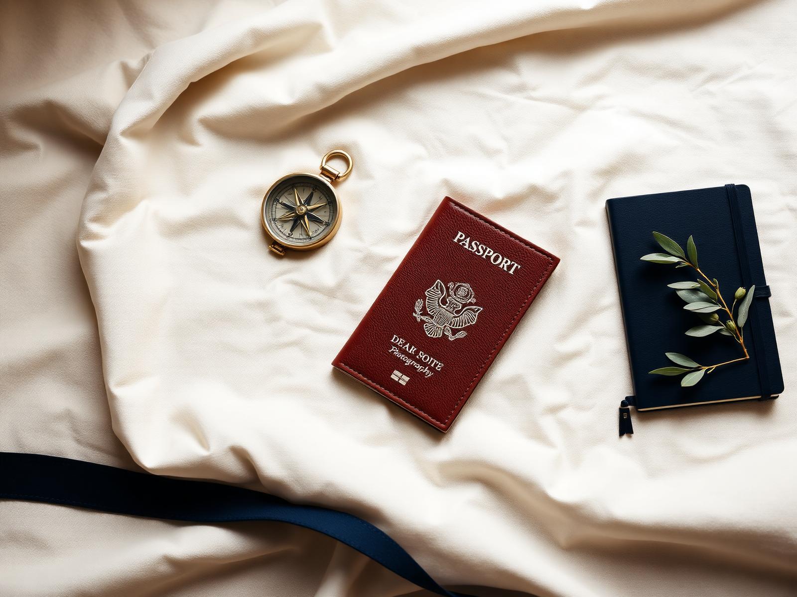 Passport, compass and notebook on linen